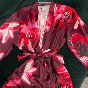 Victoria's Secret Floor Length Floral Satin Robe - Red and Pink